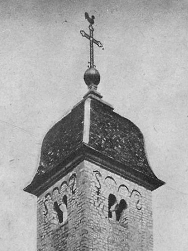 Le clocher de l'église de Boussières vers 1900, collection C. Morfaux