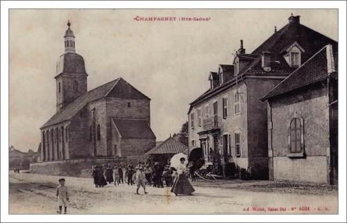 Carte postale l'église de Champagney au début du XXème siècle