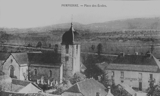 L'église de Pompierre-sur-Doubs vers 1900, cliché Ch. Leroux
