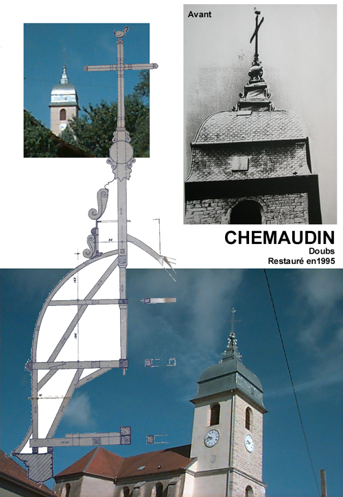 Avant et après restauration du clocher, document B. Lamblin