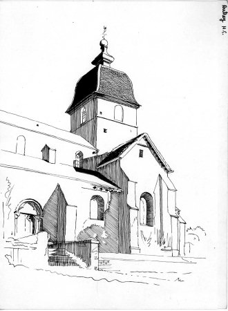 L'église d'Autrey-lès-Gray, dessin de l'abbé Garneret, document B. Lamblin