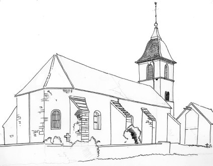 L'église d'Auxange, dessin de l'abbé Garneret