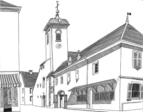 L'église de Bletterans, dessin de l'abbé Garneret, document B. Lamblin