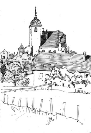 L'église de Bussières, dessin de l'abbé Garneret, document B. Lamblin