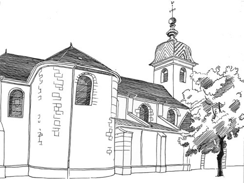 Eglise de Champagnole, dessin de l'abbé Garneret, document B. Lamblin