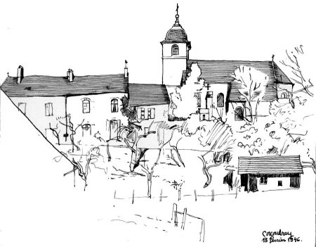 L'église de Corcondray, dessin de l'abbé Garneret, document B. Lamblin