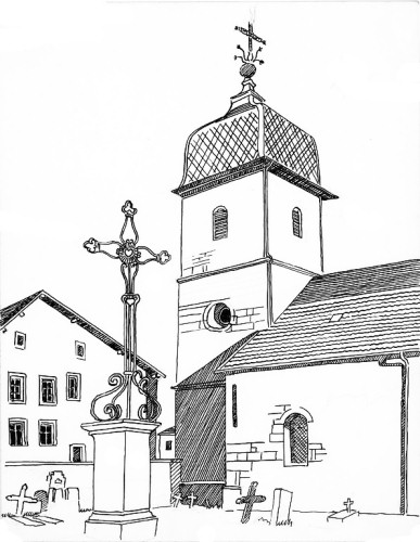 L'église de Landresse, dessin de l'abbé Garneret