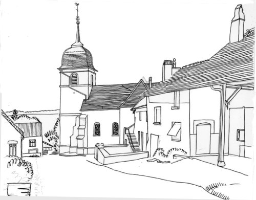 L'église de Louvatange, dessin de l'abbé Garneret, document B. Lamblin