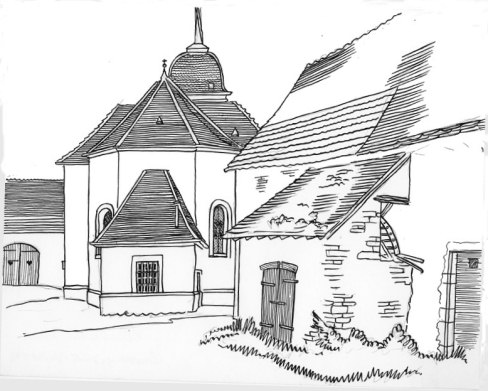 L'église de Louvatange, dessin de l'abbé Garneret, document B. Lamblin