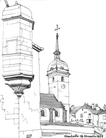 L'église de Mantoche, dessin de l'abbé Garneret, document B. Lamblin