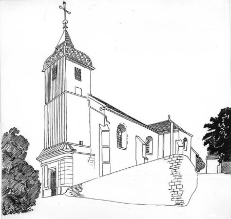 L'église de Marchaux, dessin de l'abbé Garneret, document B. Lamblin