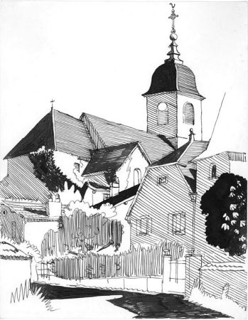 L'église de Moncley, dessin de l'abbé Garneret, document B. Lamblin