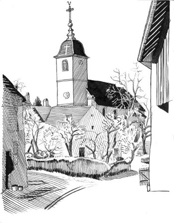 L'église de Moncley, dessin de l'abbé Garneret, document B. Lamblin