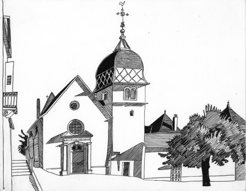 L'église de Montbozon, dessin de l'abbé Garneret, document B. Lamblin