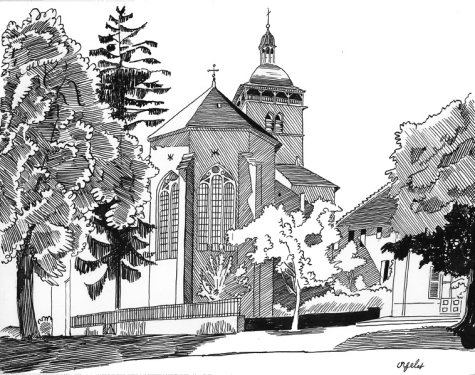 L'église d'Orgelet, dessin de l'abbé Garneret