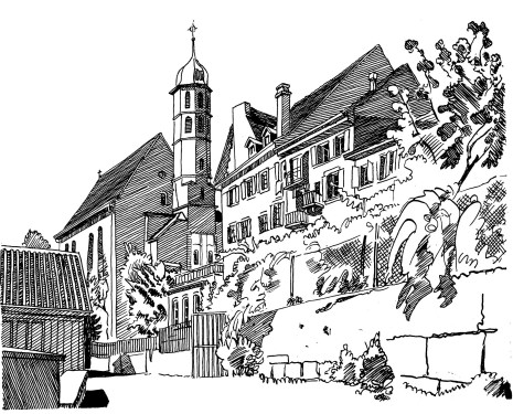 Ancienne église des Jésuites de Porrentruy, dessin de l'abbé Garneret, document B. Lamblin