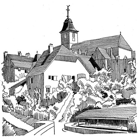 L'église de Recologne, dessin de l'abbé Garneret, document B. Lamblin