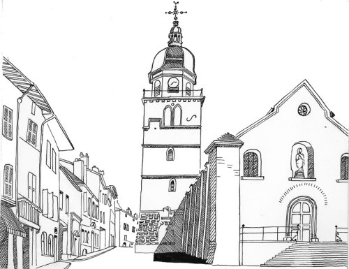 L'église de v, dessin de l'abbé Garneret, document B. Lamblin