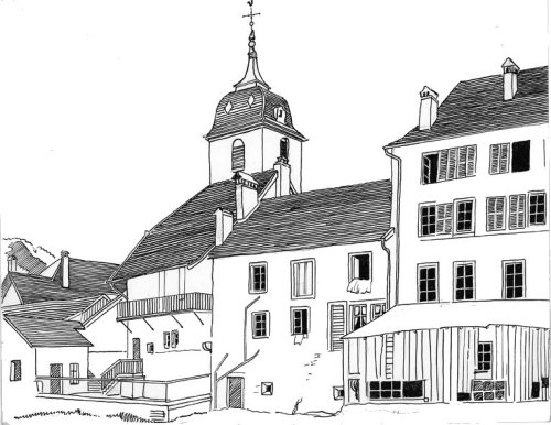 L'église de Saint-Hippolyte, dessin de l'abbé Garneret, document B. Lamblin